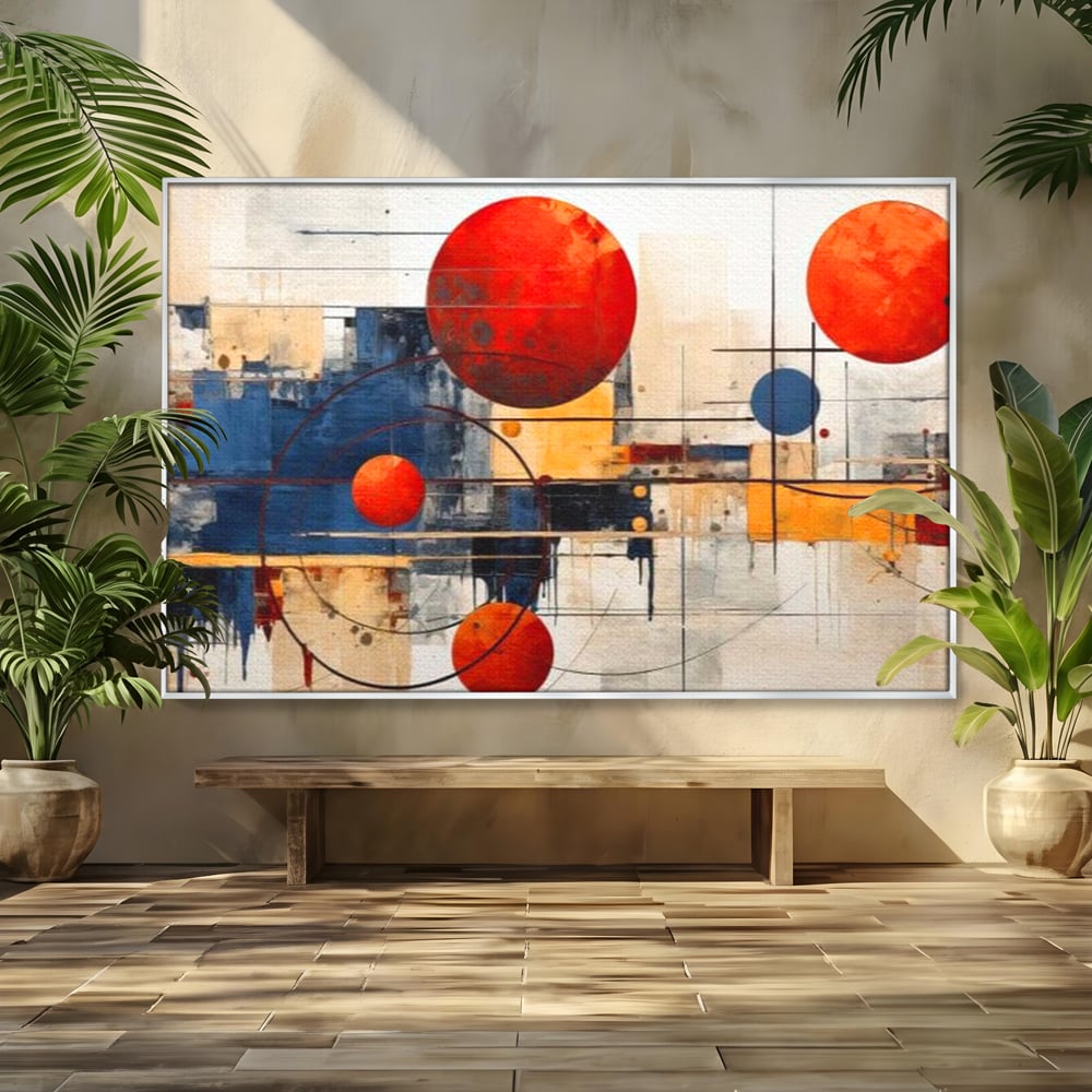 Tablou canvas cu pictura abstracta cu sfere rosii si orbite, in rama de aluminiu argintiu